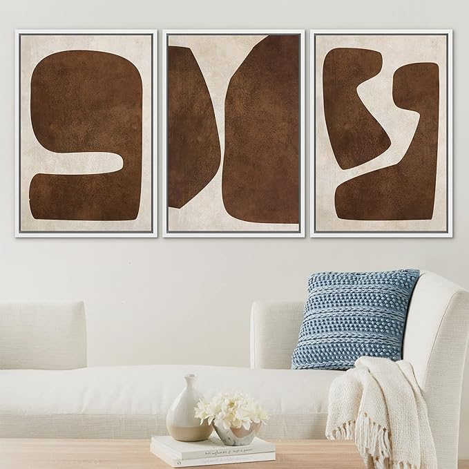 SIGNLEADER Framed Canvas Print Wall Art Set Brown Tan Retro Polygon Collage Abstract Shapes Illustrations Modern Art Geometric Zen Mid-Century for Living Room, Bedroom, Office - 24"x36"x3 WHITE