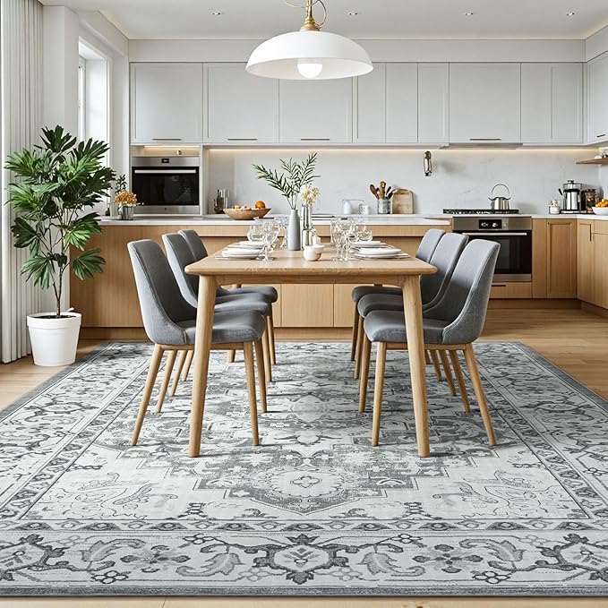 Lessymo 7 x 10 Area Rugs for Living Room- Machine Washable Area Rugs Boho Faux Wool Low Pile Area Rug for Bedroom, Floral Medallion Vintage Rugs with Non-Slip Rubber, Kid & Pet Friendly, Grey White