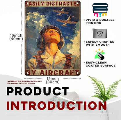 Airplanes Sign for Home Decor Easily Distracted By Airplanes Vintage Metal Poster Retro Art Decor for Backyard Garage Man Cave Shed Office Craft Room 12x16inch