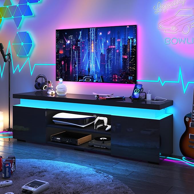 Hlivelood LED TV Stand for 75 Inch TV, Modern TV Stand with Power Outlet, High Gloss TV Console Entertainment Center with Storage and LED Lights for Living Room, Bedroom (66 Inch, Black)
