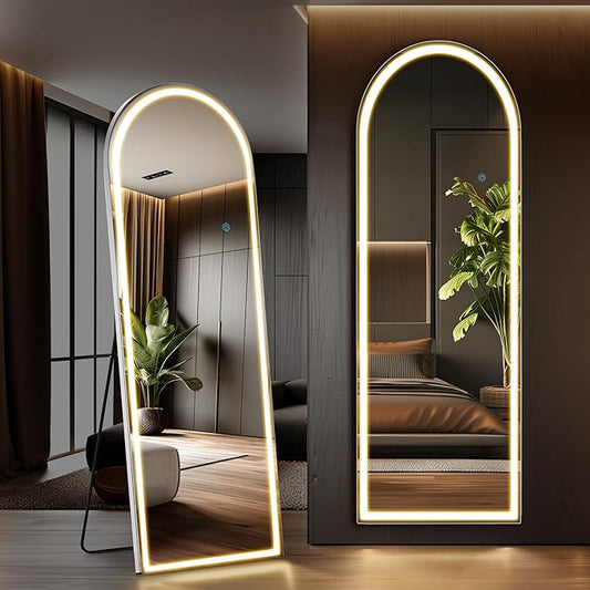Arched Full Length Mirror with Stand 20"×63", Upgraded Full Body Mirrors with LED Light 3 Color Lighting, Floor Standing, Hanging or Leaning Modern Simple Home Wall Decor, White