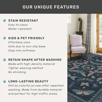 Vintage 2'6"x8' Kitchen Rugs Washable, Non Slip 8ft Long Rugs for Hallway, Stain Resistant Indoor Mats for Entryway, Dark Blue Insect Moth Home Décor, Low Pile & Soft