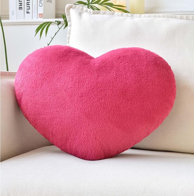 XVTRU Rose Red Heart Pillows, Cute Heart Decorative Pillow, Heart Shaped Throw Pillows for Bed, Faux Rabbit Fur Plush Hoom Decor Pillow Cushion for Chair Sofa Living Room (Large-19.6"x15.7")