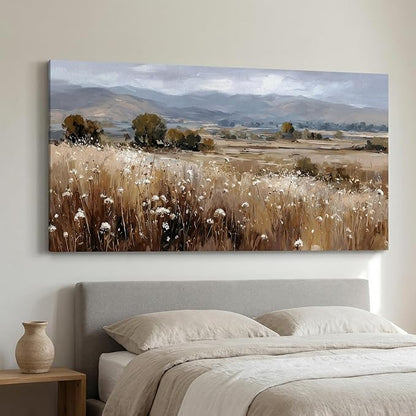 BQVCT Rustic Landscape Canvas Wall Art 24x48 Inch Field with Wildflowers and Mountains Giclee Print on Stretched Canvas, Nature Scenery Wall Decor for Living Room, Bedroom, Office