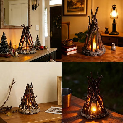 LED Campfire Light with Flame Sound - USB Rechargeable, 3 Modes, Realistic Flame & Stone Design, Creative Handcrafted Ambient Night Light for Holidays & Home Decor (M)