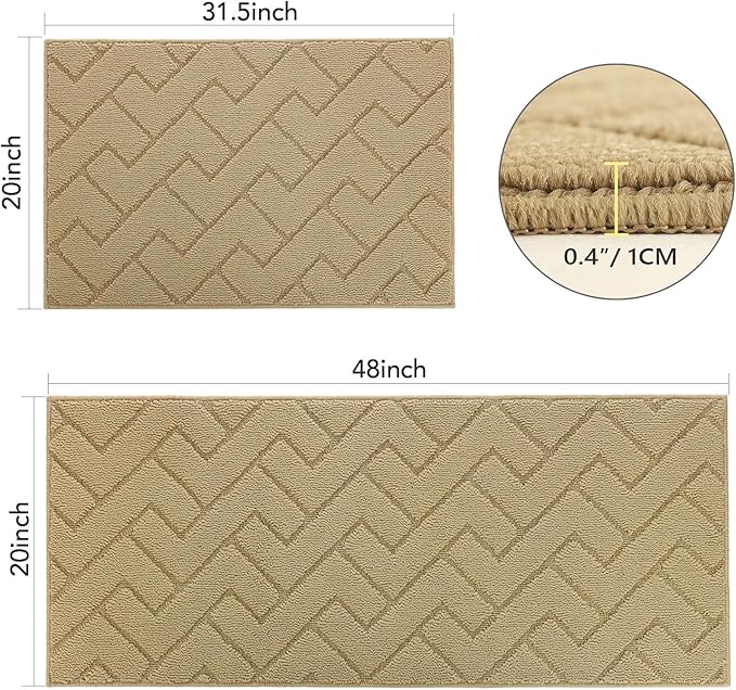 hicorfe Kitchen Runner Rugs and Mats Sets,2 Pieces Absorbent Non-Slip Kitchen Rug,Comfort Kitchen Mat for Floor,Washable for Kitchen,Hallway,Office,Sink,Laundry(20"x48"+20"x32",Brown)