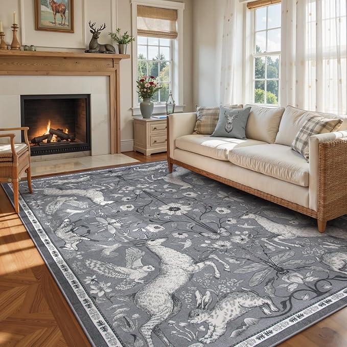 Lahome 6x9 Washable Deer Rug, Dorval Boho Woodland Vintage Area Rug, Non Slip Low Pile Soft Grey Carpet for Living Room Dining Room Bedroom Kitchen Nursery Home Decor