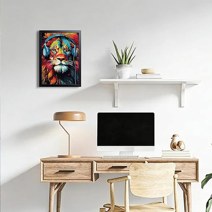 Colorful Lion Wall Art Framed Canvas Print, Lion Wearing Headphones Pop Art Animal Poster, Vibrant Graffiti Music King Wall Decor Painting for Living Room Bedroom Boys Room Home Decor 12x16 Inch