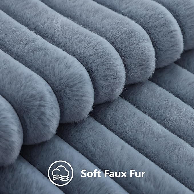 decorUhome Cozy Faux Fur Throw Pillow Covers 24x24 Set of 2 Decorative Soft Plush Striped Modern Farmhouse Boho Couch Euro Sham Pillow Cases with Velvet Back for Sofa Bed Living Room, Grey Blue