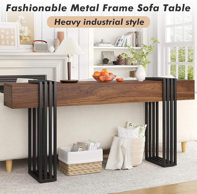 knoworld 71 Inch Long Console Table, Extra Thick Industrial Sofa Table Behind The Couch Rectangular Entryway Table for Entrance Hallway Living Room, Entire top Board & 4-Pipe Legs, Rustic Brown
