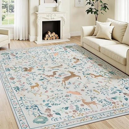 6x9 Area Rugs Washable Rug: Lagre Boho Living Room Rug Soft Non-Slip Thin Carpet Indoor Floor Non-Shedding Neutral Floral Carpets for Bedroom Dining Room Farmhouse Nursery Cream Gray