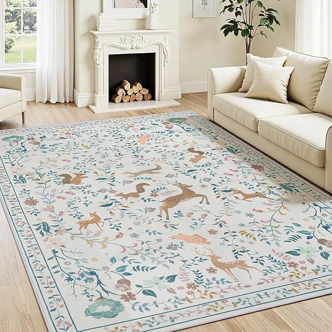 5x7 Area Rugs Washable Rug: Lagre Boho Living Room Rug Soft Non-Slip Thin Carpet Indoor Floor Non-Shedding Neutral Floral Carpets for Bedroom Dining Room Farmhouse Nursery Cream Gray