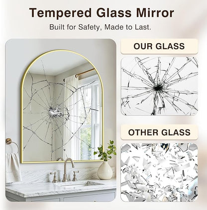 Vanity Bathroom Mirror for Wall, 40"x30" Arched Bathroom Mirror for Over Sink, Arched Metal Frame for Bedroom, Living Room, Entryway, Hanging or Leaning, Gold