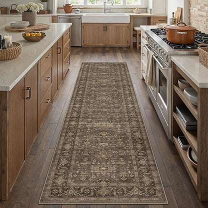 2x14 Washable Runner Rug for Hallway Kitchen Vintage Brown Non Slip Low Pile Carpet Traditional Retro Soft Throw Rug for Bathroom Bedroom Entryway Indoor Entrance