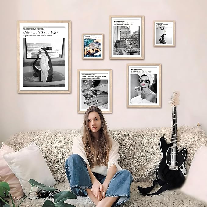 Vintage Black and White Trendy Newspaper Wall Art, Positive Headline Canvas Bedroom Wall Decor, Bathroom Poster Print Picture, Girly Apartment Dorm Room Decor Painting16x24 inch Light Wood Framed