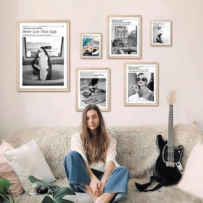 Vintage Black and White Newspaper Wall Art, Positive Headline Canvas Bedroom Wall Decor, Bathroom Print Poster Picture, Trendy Girly Apartment Dorm Room Decor Painting 16x24 inch Light Wood Framed