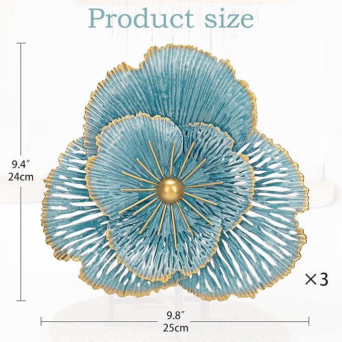 DILATATA 3 Pcs Metal Flower Wall Art Set 10 Inch Rustic Modern Floral Sculpture 3D Metal Flower Wall Hanging Accent for Indoor Living Room Bedroom Kitchen Bathroom Garden Patio Decor - Blue