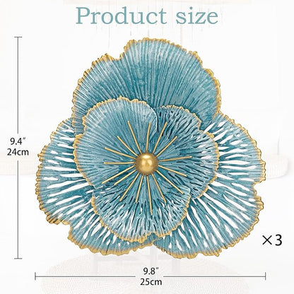 DILATATA 3 Pcs Metal Flower Wall Art Set 10 Inch Rustic Modern Floral Sculpture 3D Metal Flower Wall Hanging Accent for Indoor Living Room Bedroom Kitchen Bathroom Garden Patio Decor - Blue