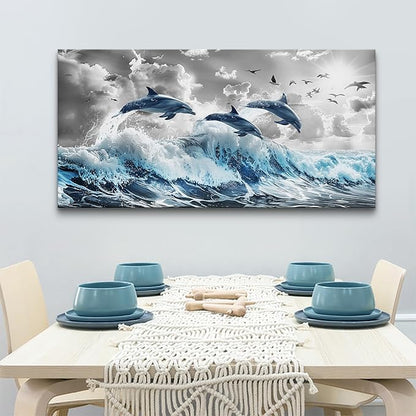 Wapluam Large Wall Art For Bedroom Blue Waves Of The Sea Wall Pictures Artwork Framed Canvas Wall Decoration For Living Room Fashion Office Canvas Art Prints Dolphins Seascape Paintings Home Decor