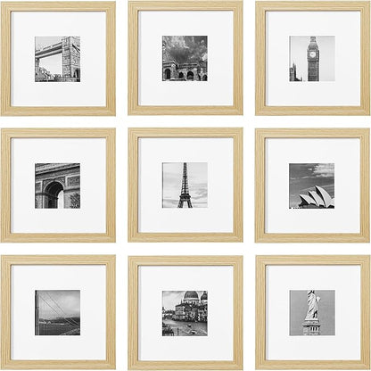 eletecpro 8x8 Picture Frames Set of 9 with Mat for 4x4 Photos or without Mat for 8x8, Square Gallery Wall Decor Collage for Picture Display, Natural Frame Set for Wall Hanging