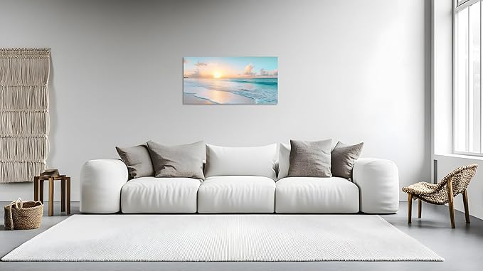 TutuBeer Beach Pictures Wall Art Beach Canvas Wall Art White Ocean at Sunrise Print on Canvas Seascape Paintings Coastal Picture Framed Artwork for Bathroom Living Room Office Home Decor 12" x 24"