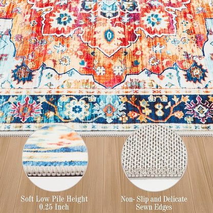 8x10 Area Rugs for Living Room, Machine Washable Vintage Rug, Non-Slip Low Pile Throw Rugs with Rubber Backing Washable Carpet for Bedroom Dining Room Kitchen Home Decor, Orange