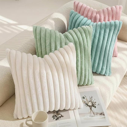 decorUhome Summer Cozy Faux Fur Throw Pillow Covers 12x20 Set of 2 Decorative Soft Plush Striped Lumbar Modern Farmhouse Boho Couch Pillow Cases with Velvet Back for Sofa Bed Living Room, Sage Green