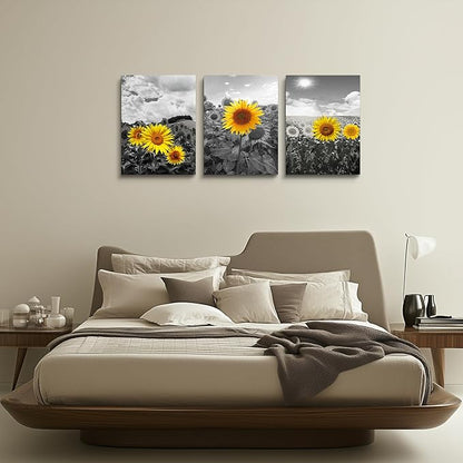 Canvas Wall Art - Family Wall Decor, Kitchen & Bedroom - Black & White Pastoral Scenery - Sunflower Flowers - 16x12, 3 Piece