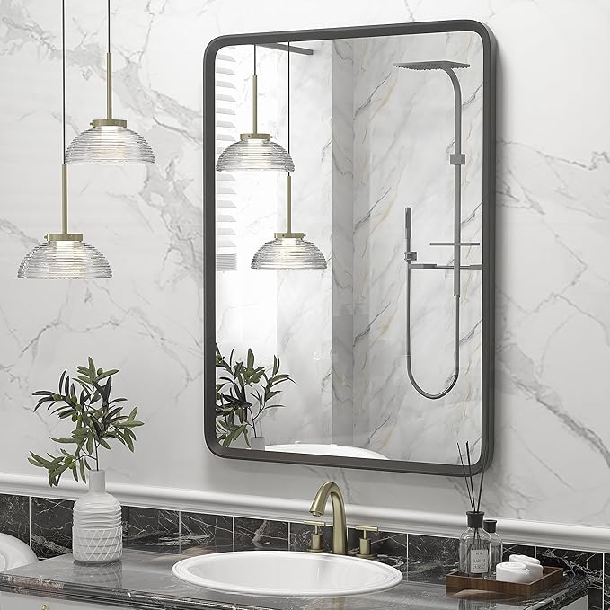 22x30 Inch Black Matte Framed Mirror for Bathroom, Rounded Rectangle Mirror, Bathroom Vanity Mirror for Wall, Anti-Rust, Shatterproof (Horizontal/Vertical)