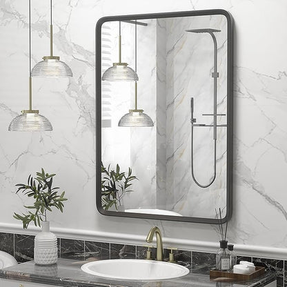 22x30 Inch Black Matte Framed Mirror for Bathroom, Rounded Rectangle Mirror, Bathroom Vanity Mirror for Wall, Anti-Rust, Shatterproof (Horizontal/Vertical)
