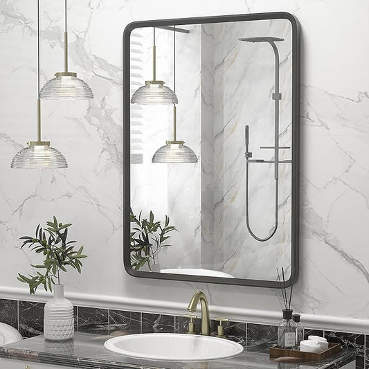 22x30 Inch Black Matte Framed Mirror for Bathroom, Rounded Rectangle Mirror, Bathroom Vanity Mirror for Wall, Anti-Rust, Shatterproof (Horizontal/Vertical)
