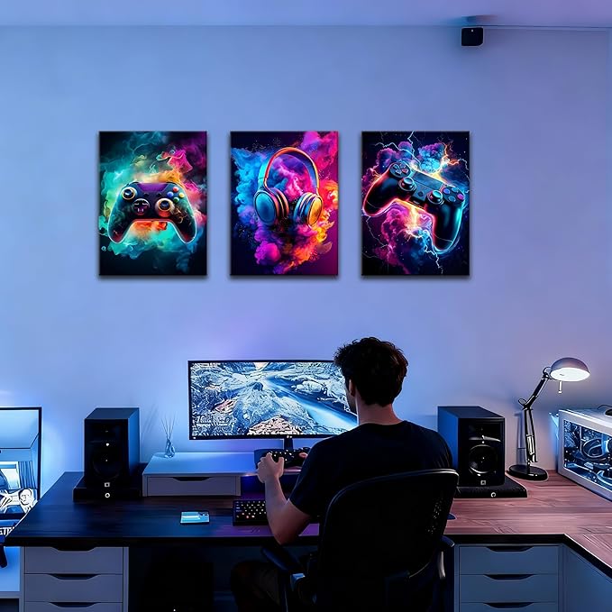 WENGTIAO 3Pcs Framed Gaming Canvas Wall Art Prints Cool Video Gamer Painting Neon Gamepad Headphones Posters Colorful Game Controller Pictures Esports Artwork for Teen Boys Bedroom Play Room 12x16in