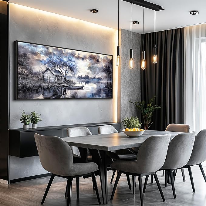 ERQINHUA Large Canvas Blue Tree Lakeside Landscape Painting Wall Decor For Living Room Restaurant Wall Art For Office Bedroom Artwork Pictures Modern Home Decor Ready To Hang Black Framed 32x72 In