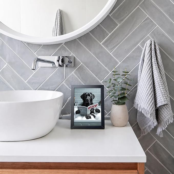 Framed Funny Dog Bathroom Canvas Wall Art, Black Labrador Reading Newspaper in Bathtub Poster Painting Print Picture, Humorous Animal Wall Decor for Modern Farmhouse Toilet Restroom Washroom 8x10 Inch