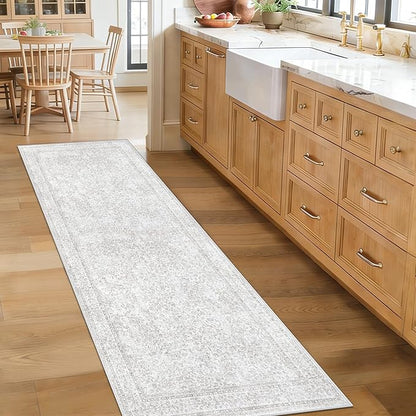 2x8 Hallway Runner Rug: Washable Vintage Floral Entryway Rugs Low Pile Non-Slip Boho Carpet for Kitchen, Bedroom, Bathroom, Dining Room (FloralGrey, 2'x8')