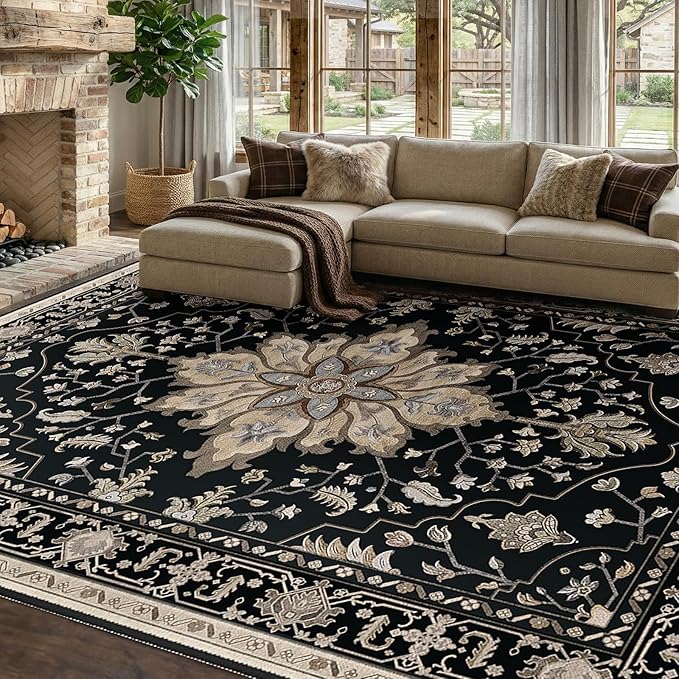RELEANY Area Rugs 8'x10' Washable Non-Slip, Floral Vintage Distress Print Pattern Medallion Carpet for Living Room Bedroom Dining Room, Black Brown Neutral Dark Tan