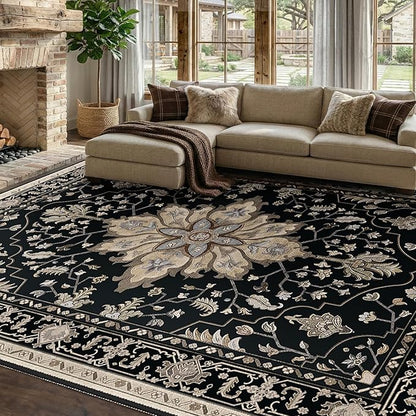 RELEANY Area Rugs 8'x10' Washable Non-Slip, Floral Vintage Distress Print Pattern Medallion Carpet for Living Room Bedroom Dining Room, Black Brown Neutral Dark Tan