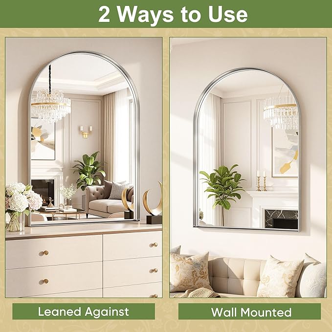 Arched Bathroom Mirror, 24x36 Inch Silver Arched Wall Mirror with Metal Deep Frame, Arch Mirrors for Wall Decor, Vanity, Entryway, Living Room