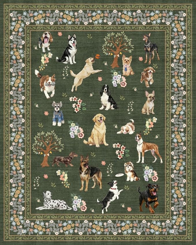 Washable Area Rug 8x10, Large Soft Dog Rugs for Living Room Floral Dark Green Carpet Dogs Area Rugs for Bedroom Dining Room Non-Slip Stain Resistant Under Table Rug