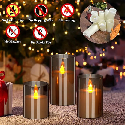 Flameless Candles 4" 5" 6" Acrylic Glass Pillars 3" Diameter Battery Operated Flickering Candles Include Remote with 24Hour Timer Function 400+ Hours by 2 AA Batteries (Gray, Warm Light 6 Pack)