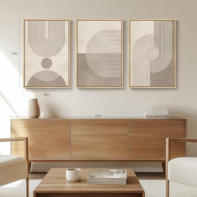 Framed Neutral Modern Minimalist Wall Art for Living Room, 3 Piece Boho Abstract Canvas Prints Artwork for Walls, Mid Century Boho Neutral Geometric Paintings for Bedroom Hallway Wall Decor, 16x24 In