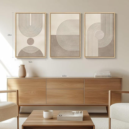 Framed Neutral Modern Minimalist Wall Art for Living Room, 3 Piece Boho Abstract Canvas Prints Artwork for Walls, Mid Century Boho Neutral Geometric Paintings for Bedroom Hallway Wall Decor, 16x24 In