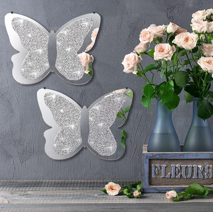 Vesici 2 Pieces Butterfly Shaped Mirror Crystal Crushed Diamond Silver Mirror Silver Wall Decor for Living Room Modern Decorative Artwork for Nursery Wedding Decor(11.8 x 8.8 Inch)