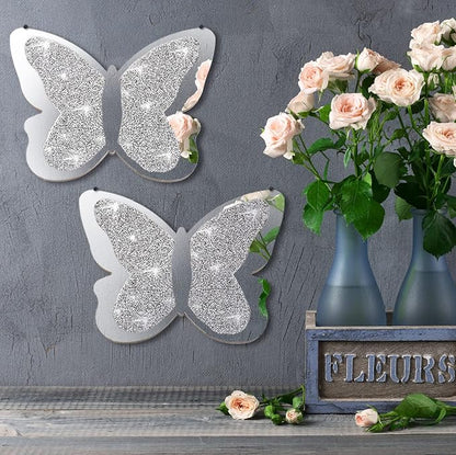 Vesici 2 Pieces Butterfly Shaped Mirror Crystal Crushed Diamond Silver Mirror Silver Wall Decor for Living Room Modern Decorative Artwork for Nursery Wedding Decor(11.8 x 8.8 Inch)