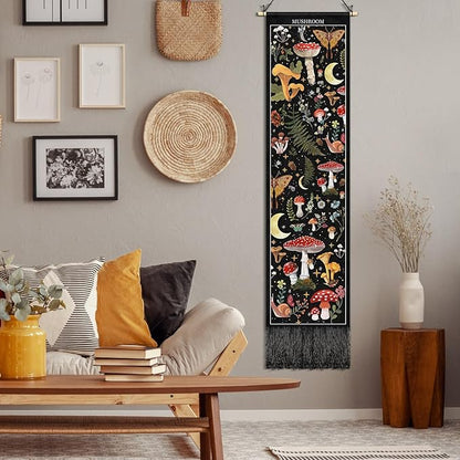 Tegeme Vintage Tapestry 52 x 13 Inch, Long Vertical Wall Hanging Reference Illustrative Botanical Tassel Tapestry for Bedroom Living Room Home Decoration(Mushroom)