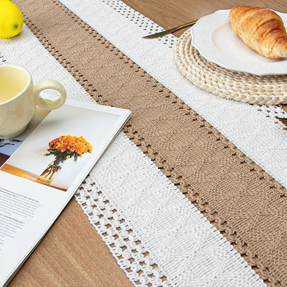 FEXIA Boho Table Runner for Home Coffee Decor 90 Inches Long Farmhouse Rustic Table Runner Macrame Burlap Centerpieces for Tables Decoration for Kitchen Bedroom Decor Bridal Shower (12x90 Inches)
