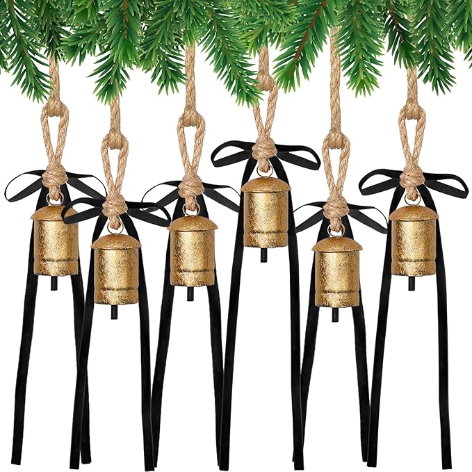Suncalla 6 Pcs Rustic Gold Bells with 6 Pcs Black Velvet Bows Mini Handmade Hanging Ornament Decorative Antique Bells Velvet Bows for Xmas Tree Crafts Door Wreath Decoration DIY Party Supplies