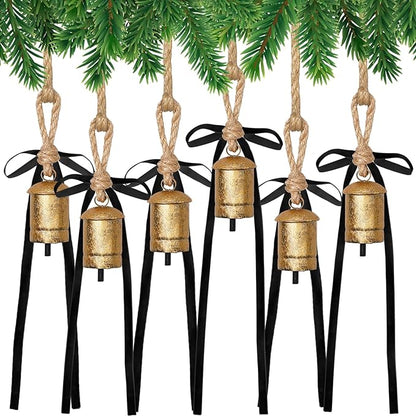 Suncalla 6 Pcs Rustic Gold Bells with 6 Pcs Black Velvet Bows Mini Handmade Hanging Ornament Decorative Antique Bells Velvet Bows for Xmas Tree Crafts Door Wreath Decoration DIY Party Supplies