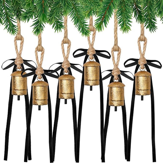 Suncalla 6 Pcs Rustic Gold Bells with 6 Pcs Black Velvet Bows Mini Handmade Hanging Ornament Decorative Antique Bells Velvet Bows for Xmas Tree Crafts Door Wreath Decoration DIY Party Supplies