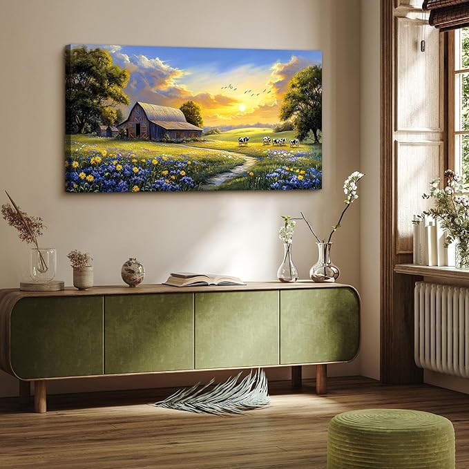 crmotu Rustic Nature Landscape Wall Art, Animal Cow Cottage Large Artwork, Country Meadow Wildflower Canvas Prints, Farm Sunset Aesthetic Pictures Wall Decor Living Room Bedroom Farmhouse 24X48 In